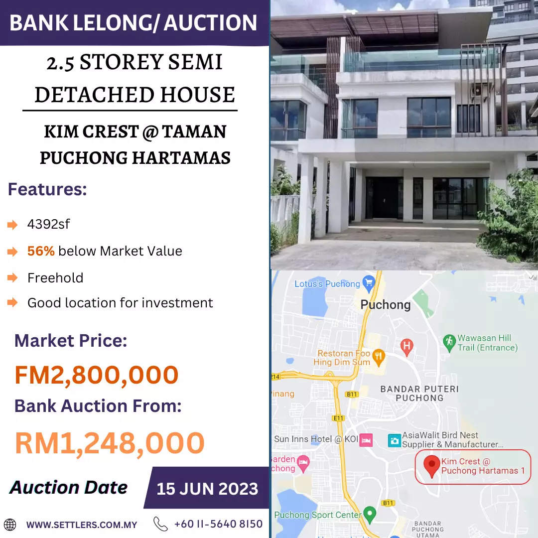 Bank Lelong 2.5 Storey Semi Detached House @ Kim Crest, Taman Puchong Hartamas, Puchong, Selangor for Auction