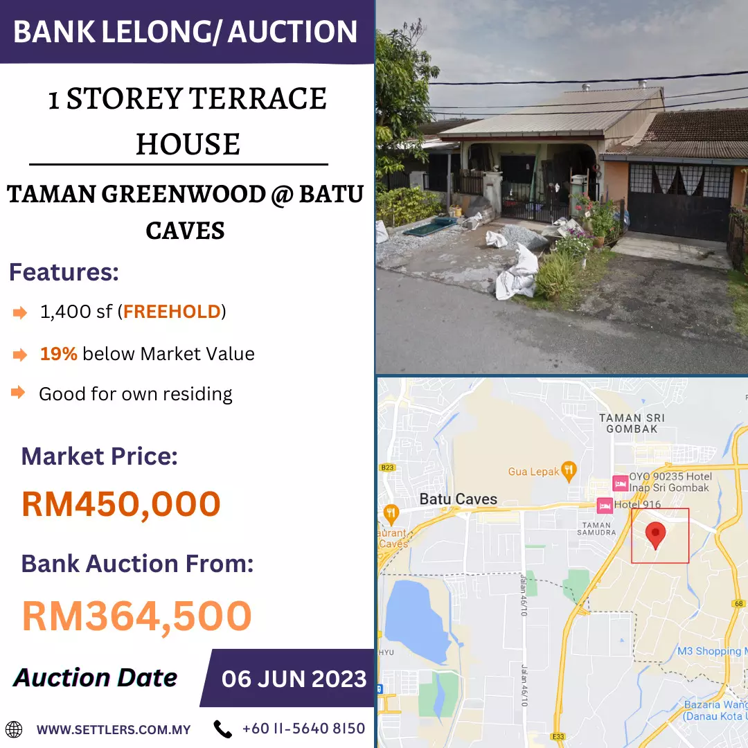 Bank Lelong 1 Storey Terrace House @ Taman Greenwood, Batu Caves, Selangor for Auction