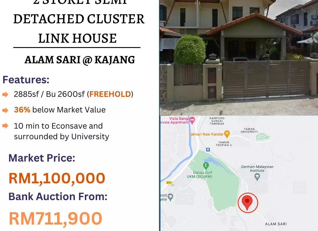Bank Lelong 2 Storey Semi Detached Cluster Link House @ Alam Sari, Kajang, Selangor for Auction