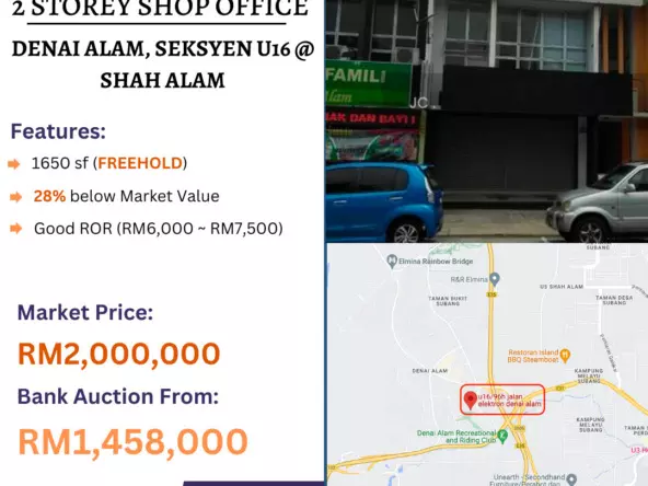 Bank Lelong 2 Storey Shop Office @ Denai Alam, Seksyen U16, Shah Alam, Selangor for Auction