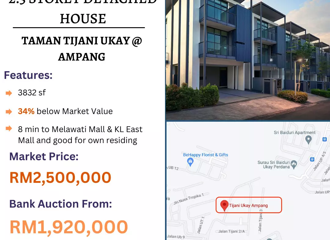 Bank Lelong 2.5 Storey Detached House @ Taman Tijani Ukay, Ampang, Selangor for Auction