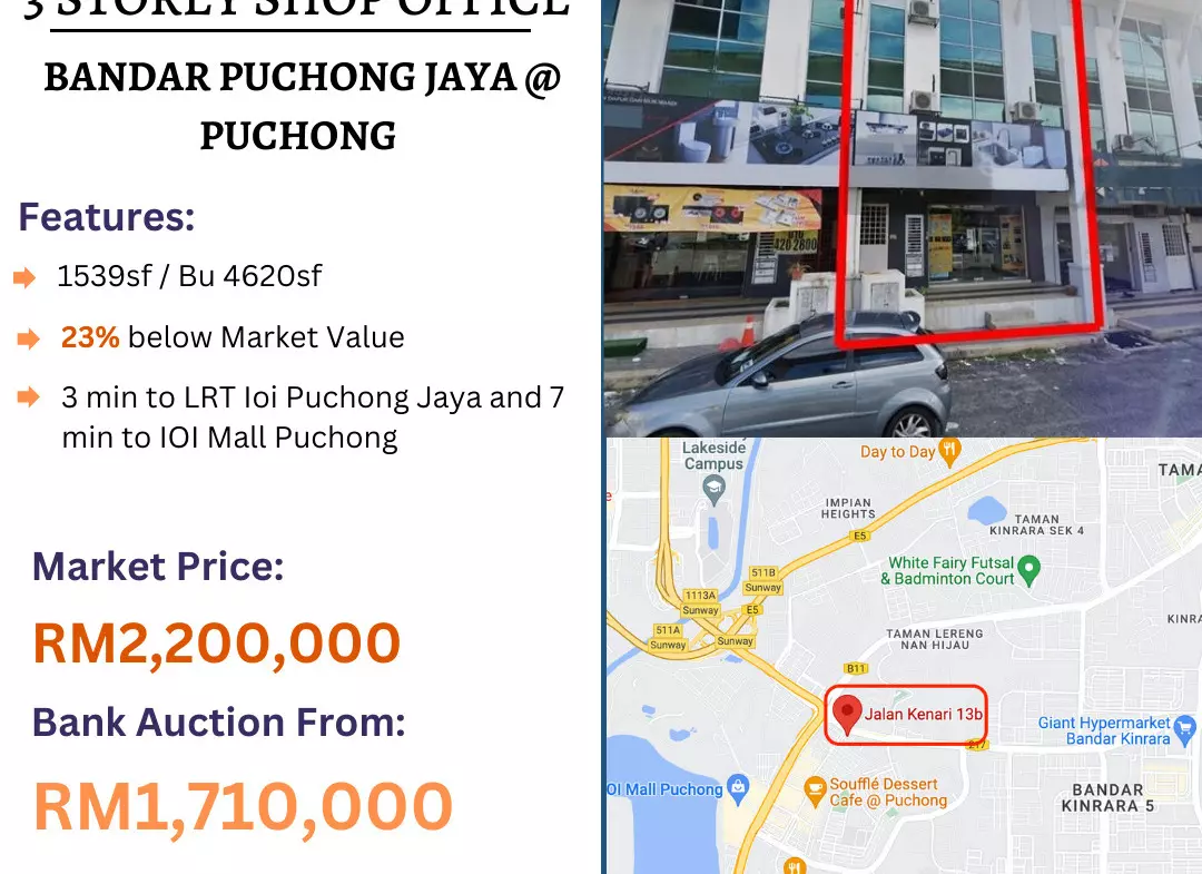 Bank Lelong 3 Storey Shop Office @ Bandar Puchong Jaya, Selangor for Auction