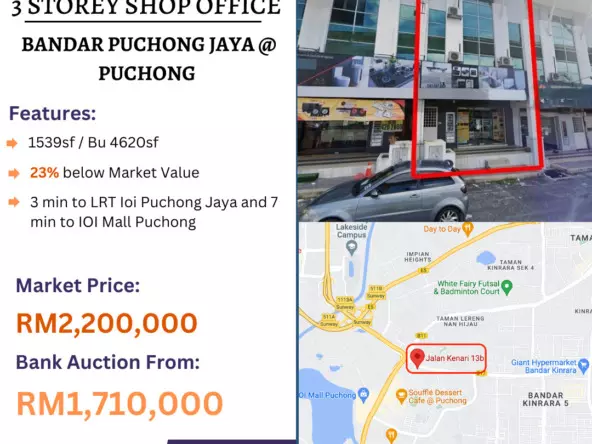 Bank Lelong 3 Storey Shop Office @ Bandar Puchong Jaya, Selangor for Auction