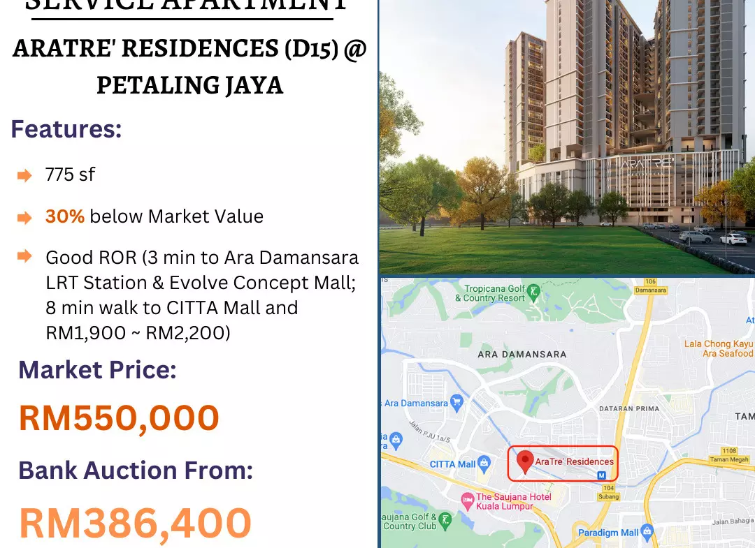 Bank Lelong Service Apartment @ AraTre' Residences (D15), Petaling Jaya, Selangor for Auction