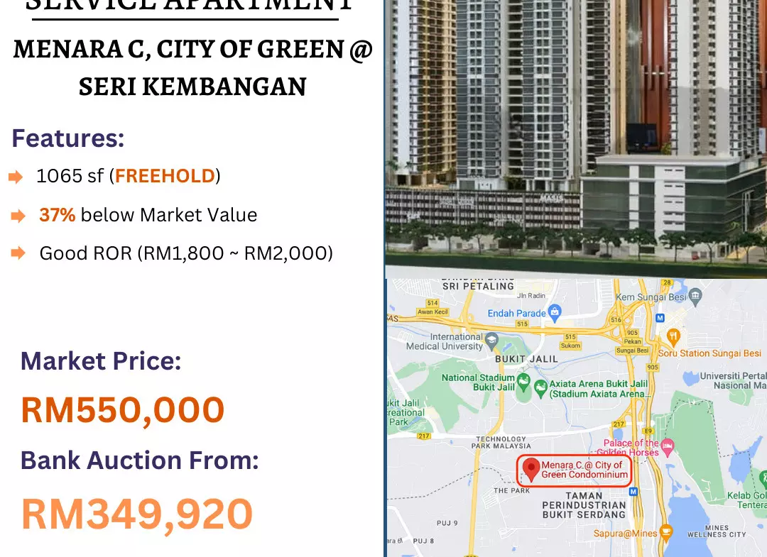 Bank Lelong Service Apartment @ Menara C, City of Green, Seri Kembangan, Selangor for Auction