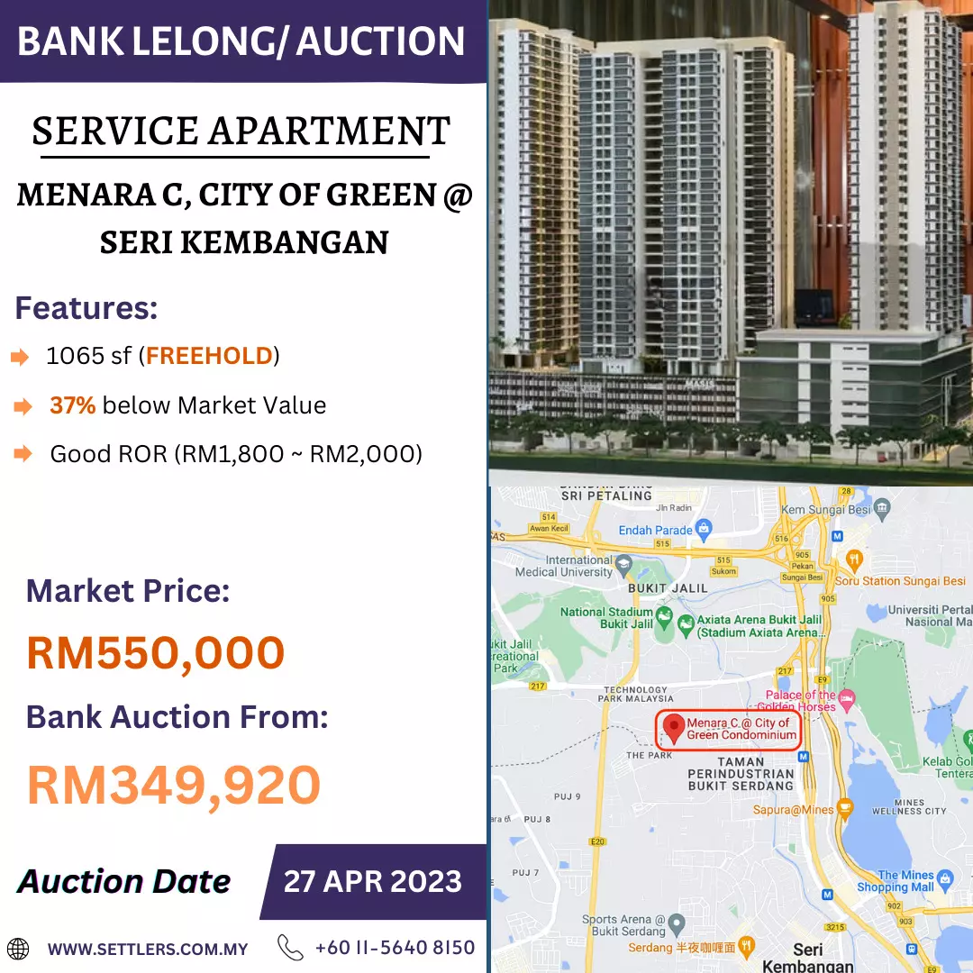 Bank Lelong Service Apartment @ Menara C, City of Green, Seri Kembangan, Selangor for Auction