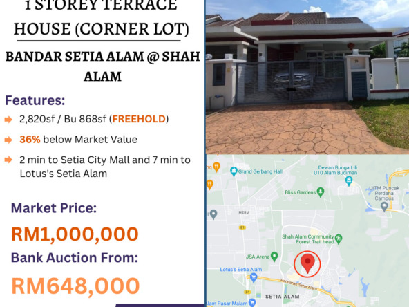 Bank Lelong 1 Storey Terrace House, Corner Lot @ Bandar Setia Alam, Shah Alam, Selangor for Auction