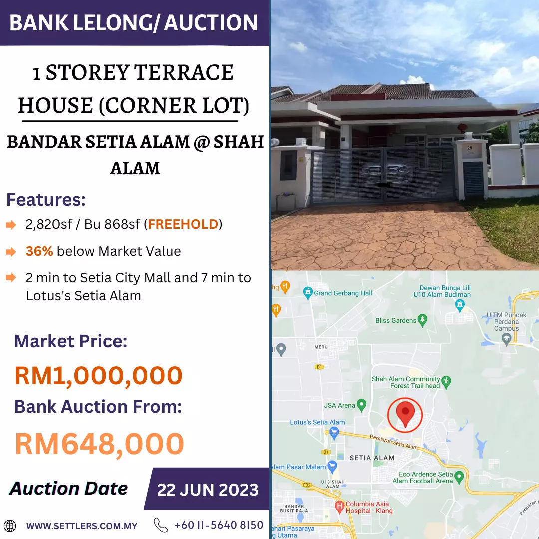 Bank Lelong 1 Storey Terrace House, Corner Lot @ Bandar Setia Alam, Shah Alam, Selangor for Auction
