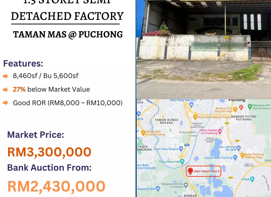 Bank Lelong 1.5 Storey Semi Detached Factory @ Taman Mas, Puchong, Selangor for Auction