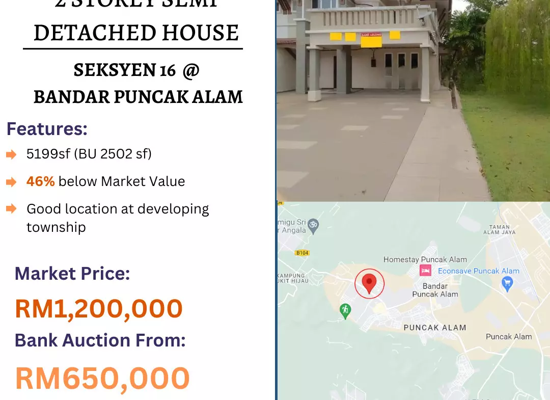 Bank Lelong 2 Storey Semi Detached House @ Seksyen 16, Bandar Puncak Alam, Shah Alam ,Selangor for Auction