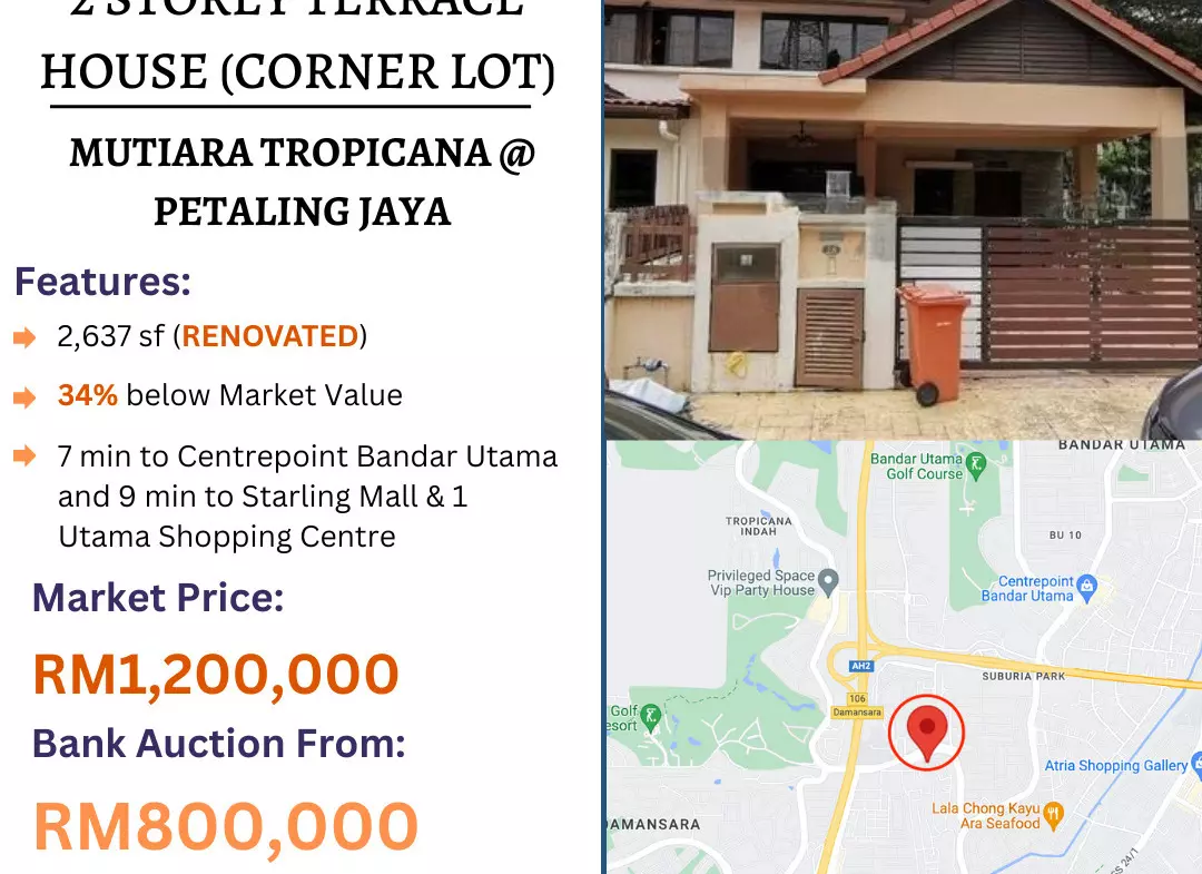 Bank Lelong 2 Storey Terrace House, Corner Lot, Renovated @ Mutiara Tropicana, Petaling Jaya, Selangor for Auction