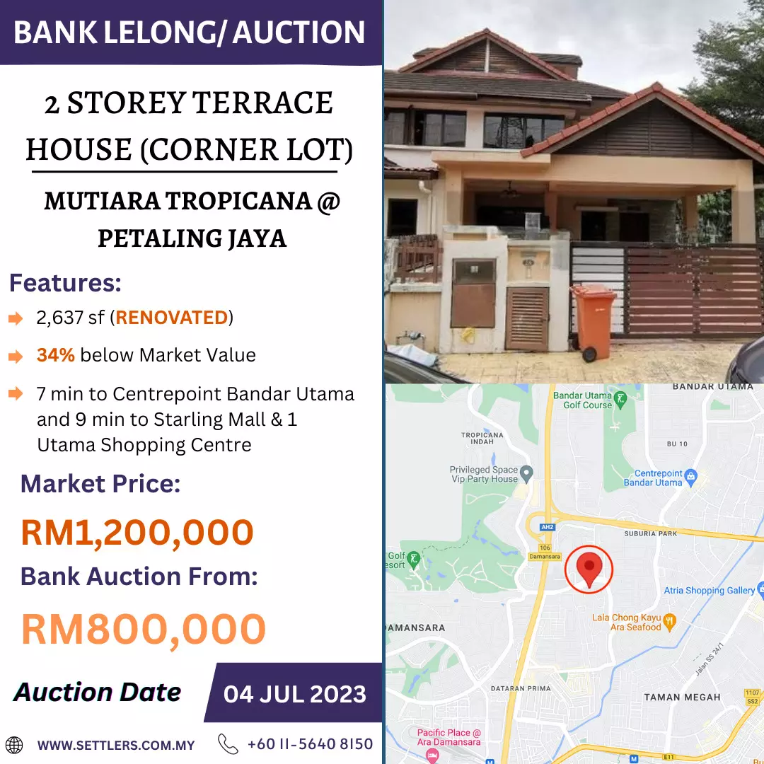 Bank Lelong 2 Storey Terrace House, Corner Lot, Renovated @ Mutiara Tropicana, Petaling Jaya, Selangor for Auction