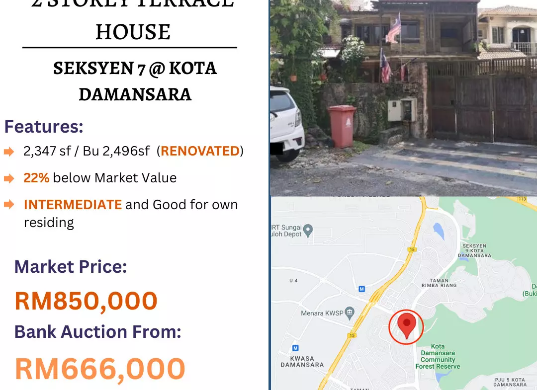 Bank Lelong 2 Storey Terrace House, Intermediate, Renovated @ Seksyen 7, Kota Damansara, Petaling Jaya, Selangor for Auction