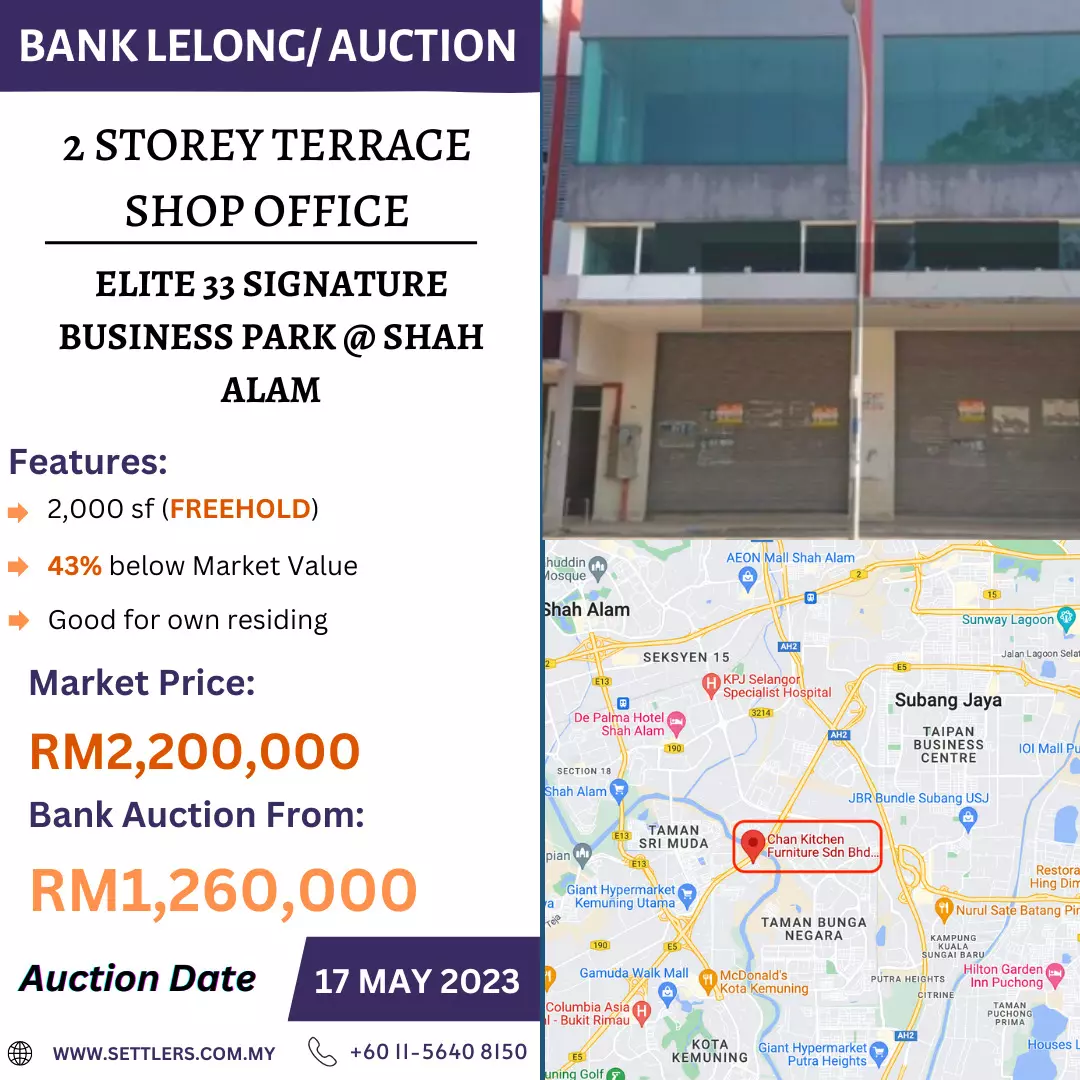 Bank Lelong 2 Storey Terrace Shop Office @ Elite 33 Signature Business Park, Shah Alam, Selangor for Auction
