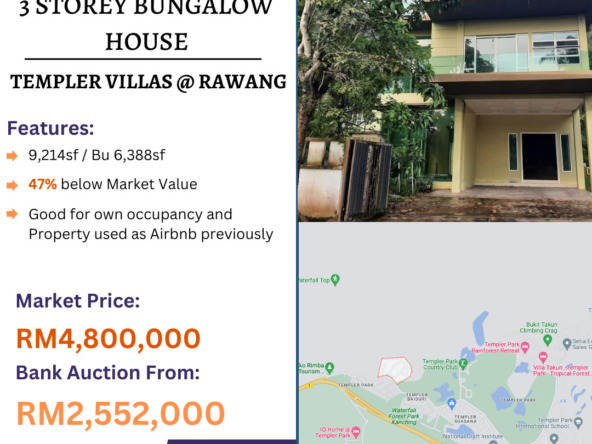 Bank Lelong 3 Storey Bungalow House @ Templer Villas, Rawang, Selangor for Auction