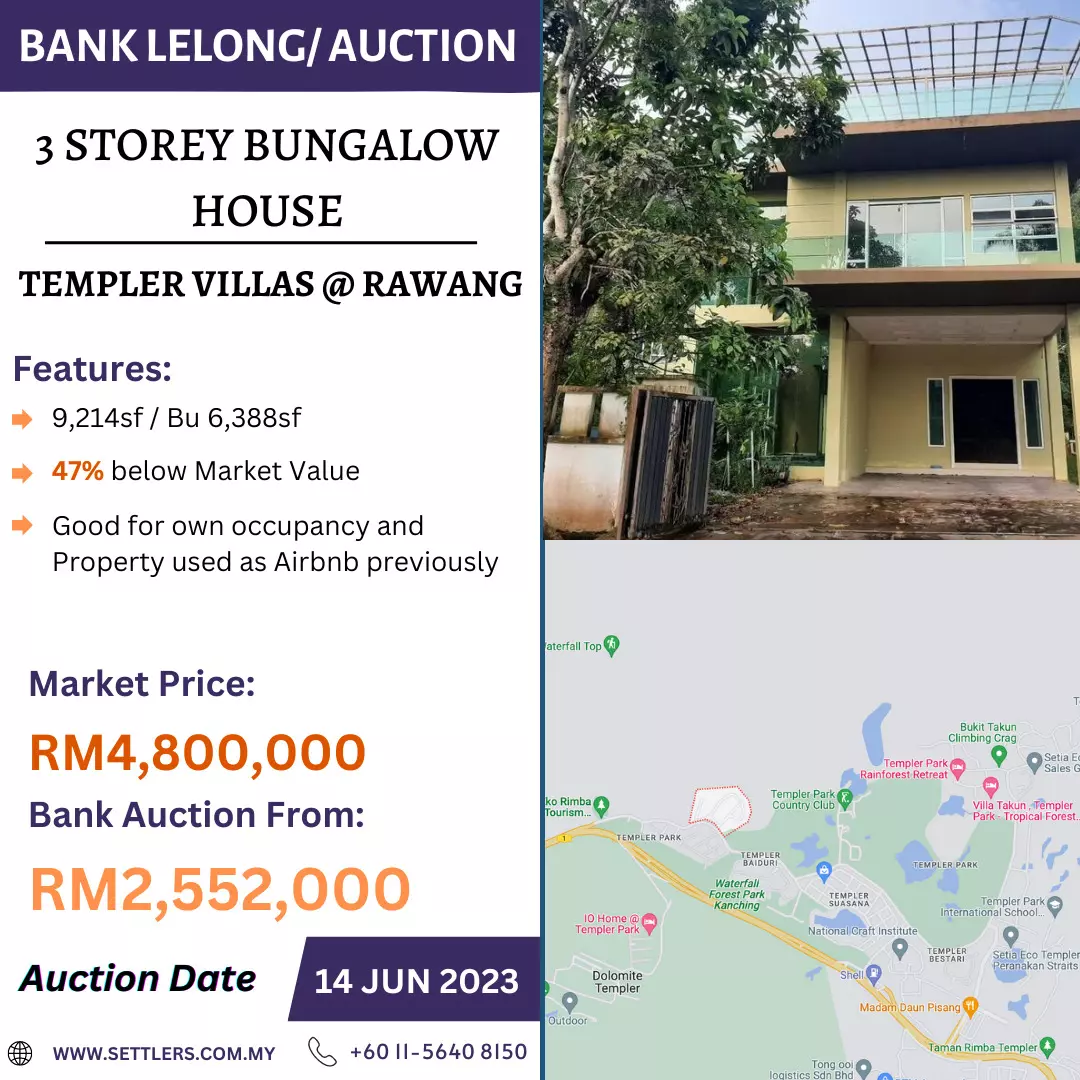 Bank Lelong 3 Storey Bungalow House @ Templer Villas, Rawang, Selangor for Auction