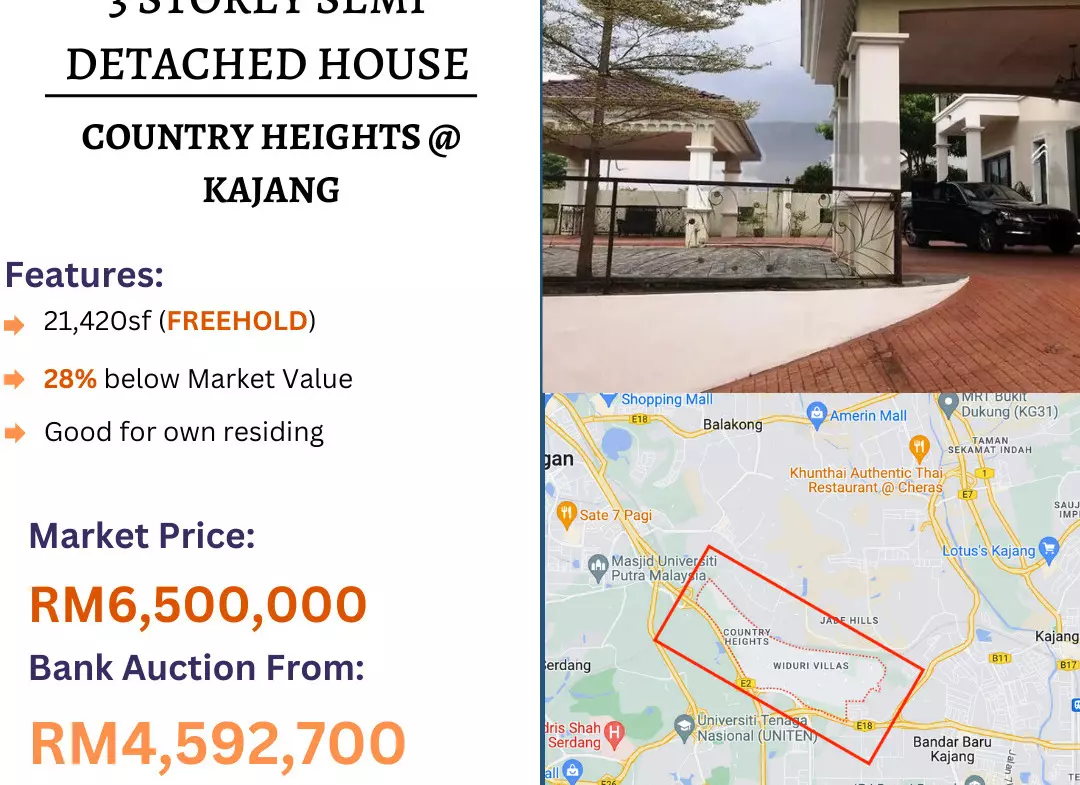 Bank Lelong 3 Storey Semi Detached House @ Country Heights, Kajang, Selangor for Auction
