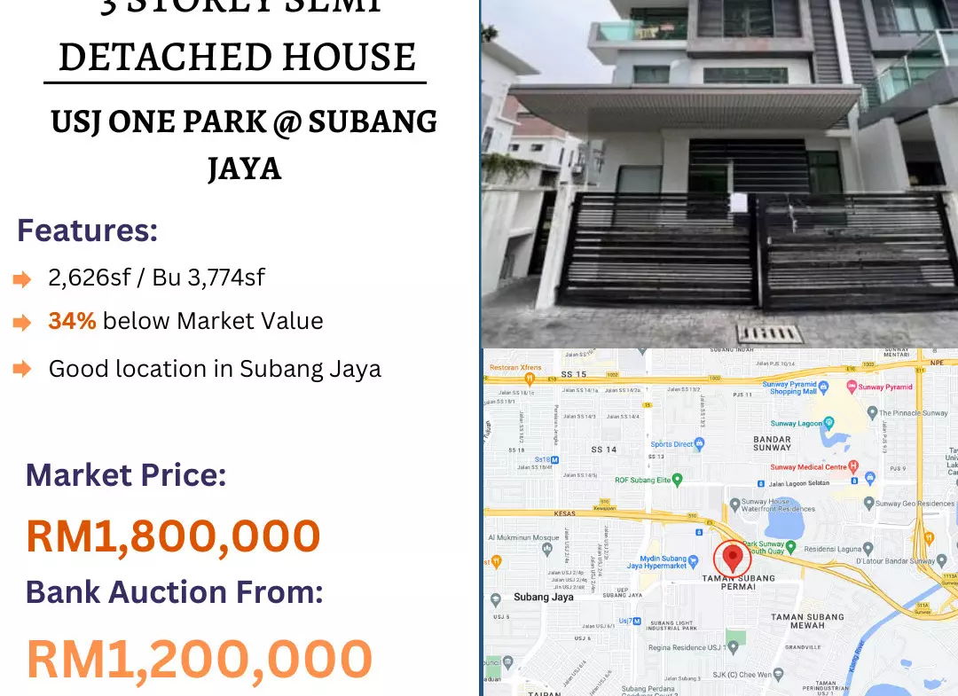 Bank Lelong 3 Storey Semi Detached House @ Usj One Park, Subang Jaya, Selangor for Auction