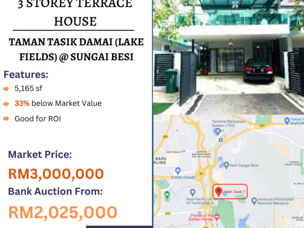 Bank Lelong 3 Storey Terrace House @ Taman Tasik Damai (Lake Fields), Sungai Besi, Kuala Lumpur for Auction