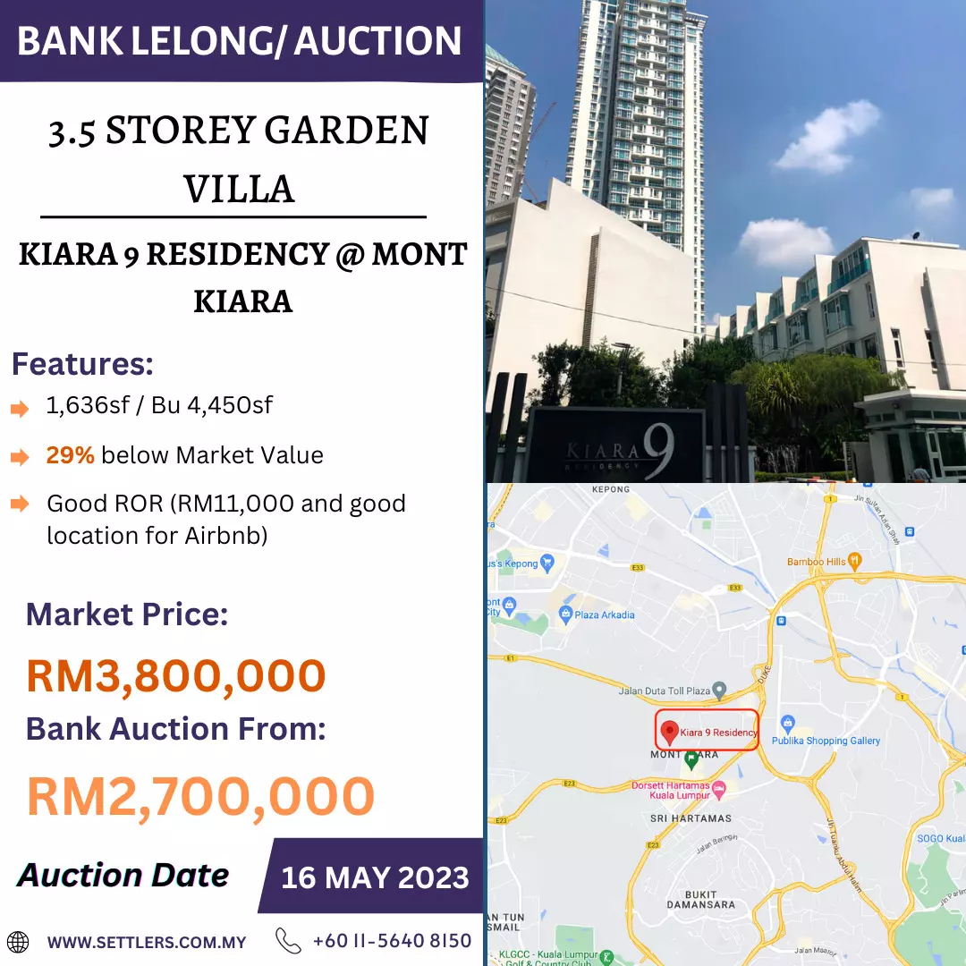 Bank Lelong 3.5 Storey Garden Villa @ Kiara 9 Residency, Mont Kiara, Kuala Lumpur for Auction