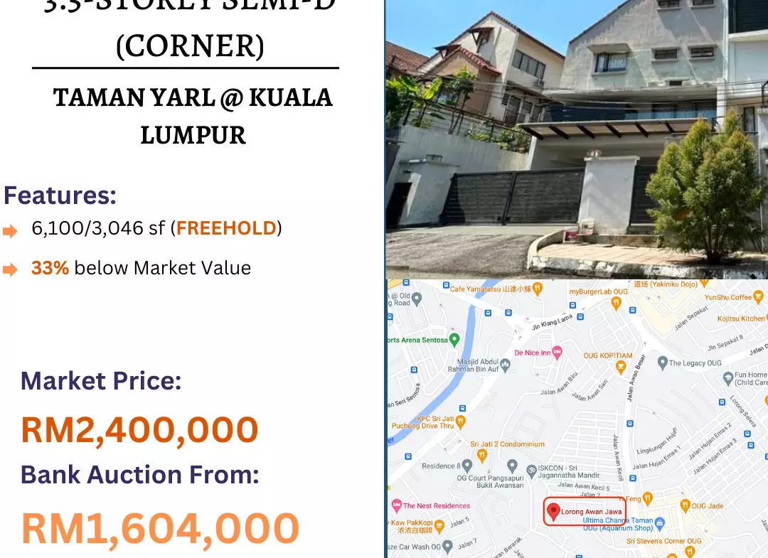 Bank Lelong 3.5-Storey Semi-D (Corner) @ Taman Yarl, Kuala Lumpur for Auction