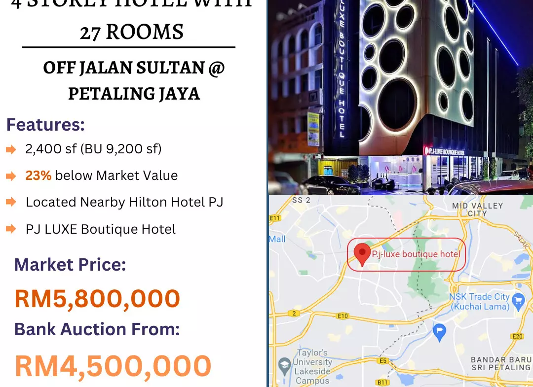 Bank Lelong 4 Storey Hotel with 27 Rooms @ Petaling Jaya, Selangor for Auction