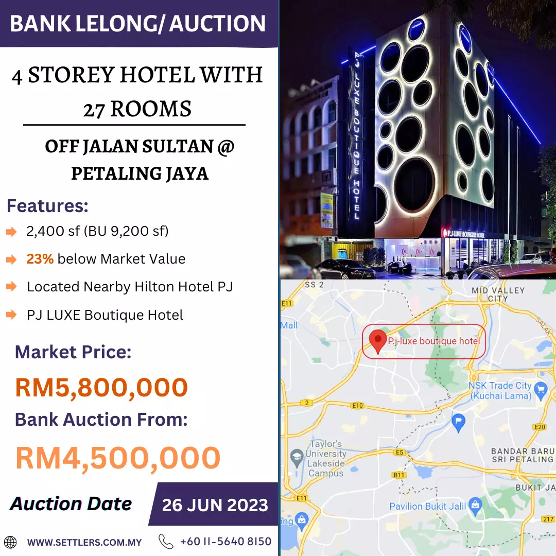 Bank Lelong 4 Storey Hotel with 27 Rooms @ Petaling Jaya, Selangor for Auction
