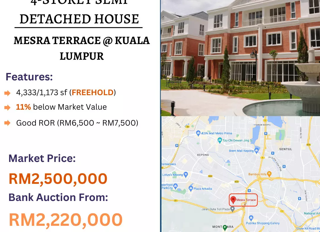 Bank Lelong 4 Storey Semi-Detached House @ Mesra Terrace, Kuala Lumpur for Auction