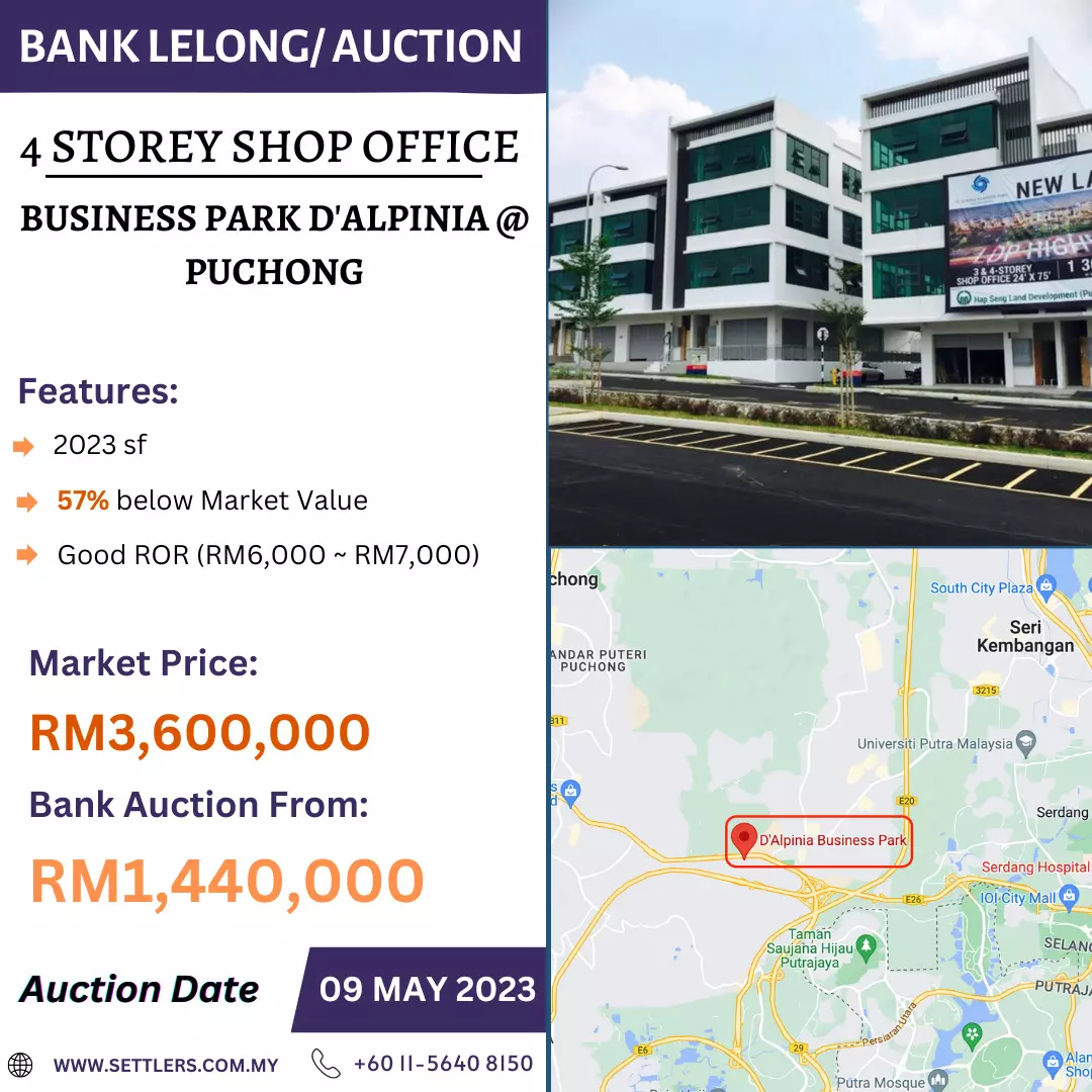 Bank Lelong 4 Storey Shop Office @ Business Park D'Alpinia, Puchong, Selangor for Auction