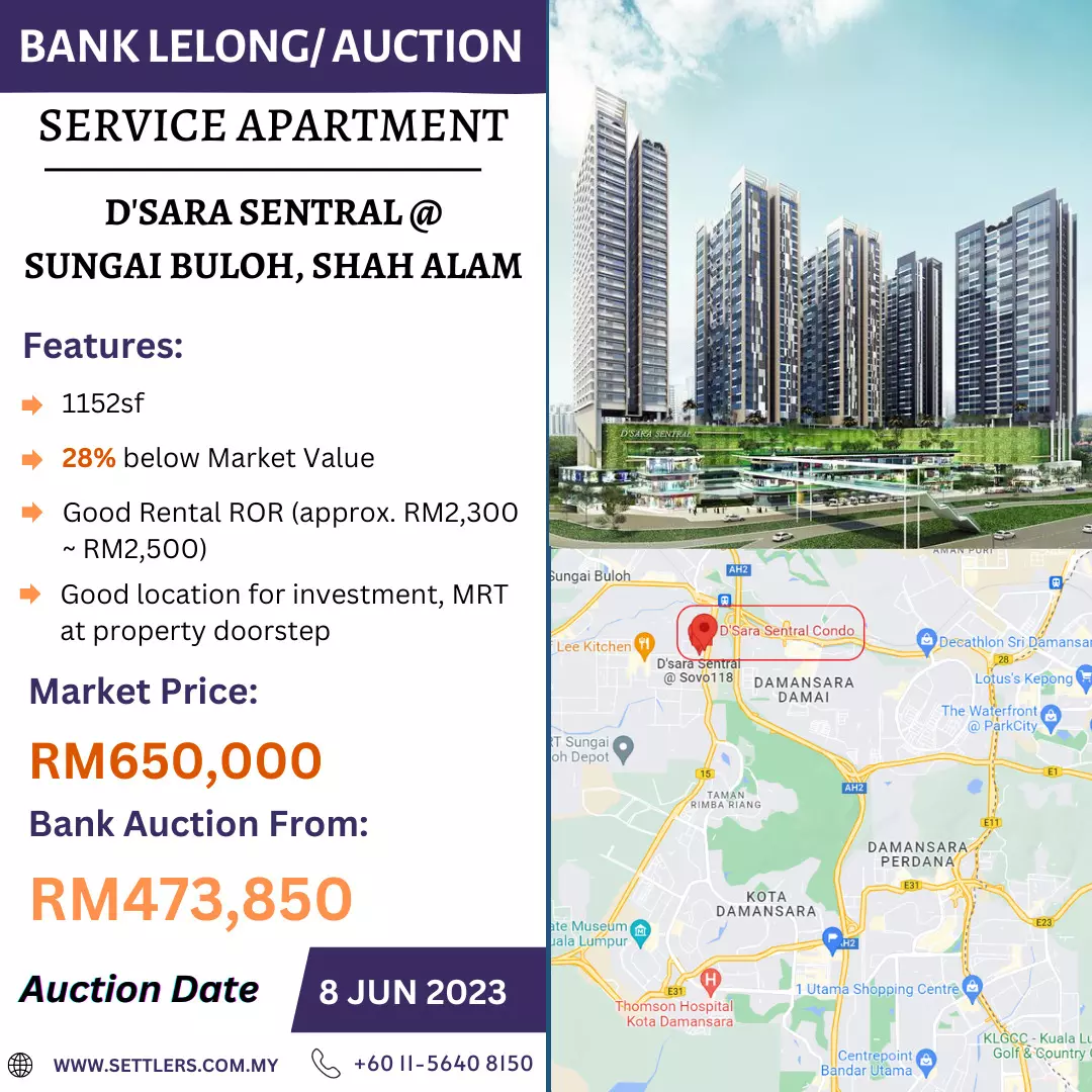 Bank Lelong Service Apartment @ D'sara Sentral, Sungai Buloh, Shah Alam, Selangor for Auction