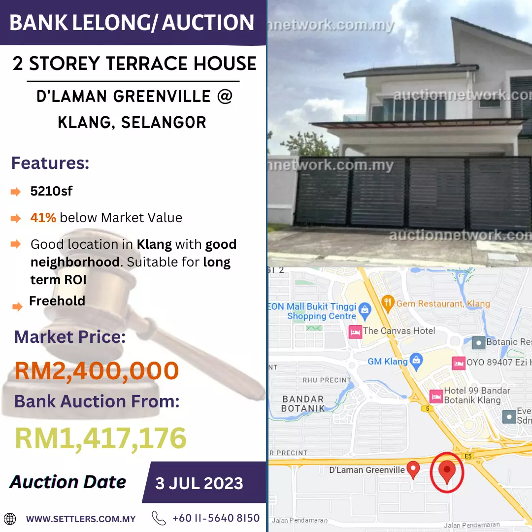 Bank Lelong 2 Storey Terrace House @ D'Laman Greenville, Klang, Selangor for Auction