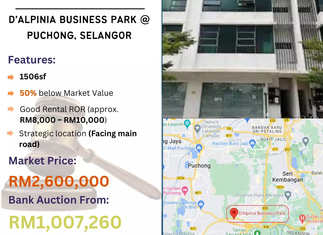 Bank Lelong 4 Storey Shop Office @ D'Alpinia Business Park, Puchong, Selangor for Auction