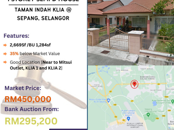 Bank Lelong 1 Storey Semi-D House @ Taman Indah KLIA, Sepang, Selangor for Auction