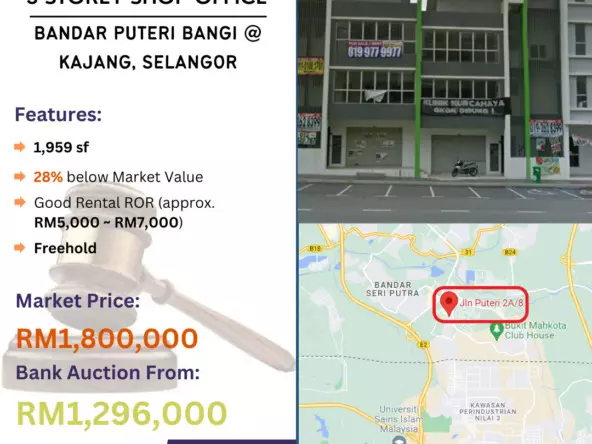 Bank Lelong 3 Storey Shop Office @ Bandar Puteri Bangi, Bangi, Kajang, Selangor for Auction