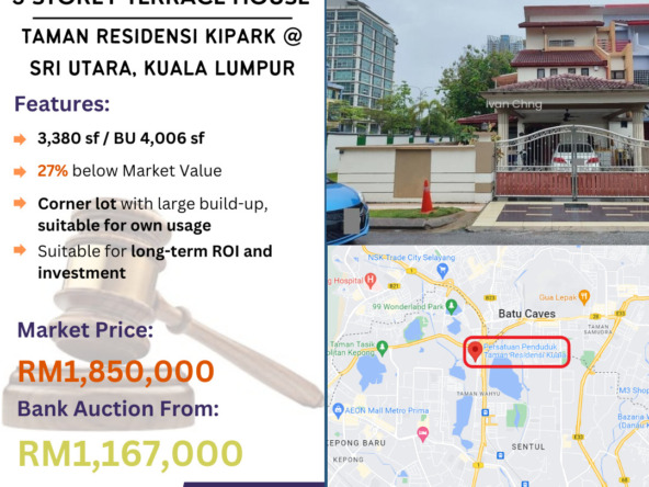 Bank Lelong 3 Storey Terrace House @ Taman Residensi Kipark, Sri Utara, Batu Caves, Kuala Lumpur for Auction