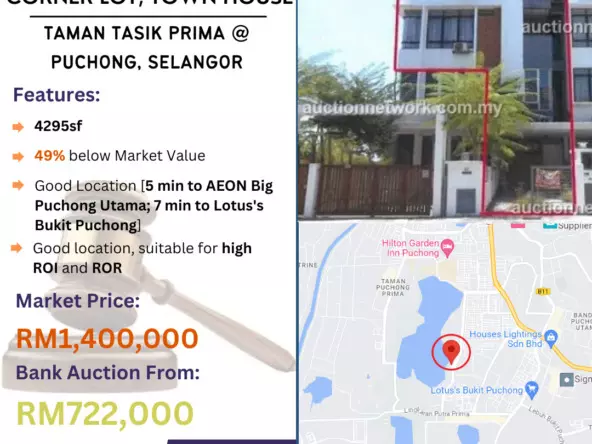 Bank Lelong Corner Lot, Town House @ Taman Tasik Prima, Puchong, Selangor for Auction