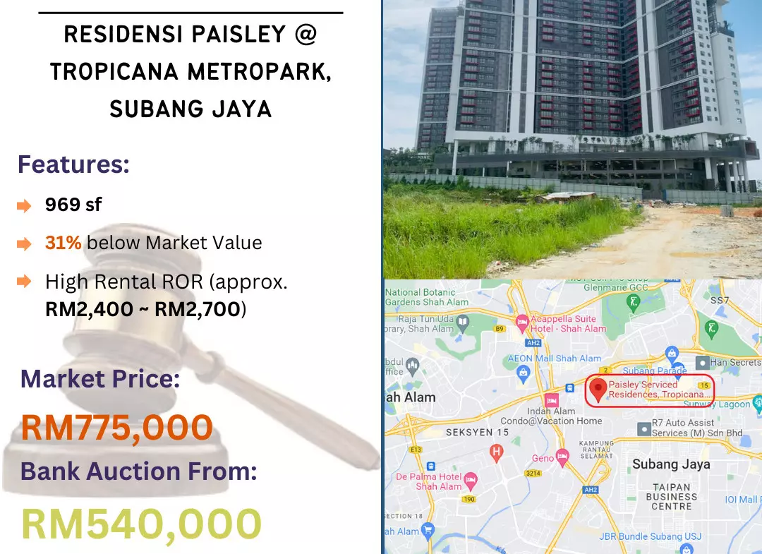 Bank Lelong Service Apartment @ Paisley Serviced Residence, Tropicana Metropark, Subang Jaya, Selangor for Auction