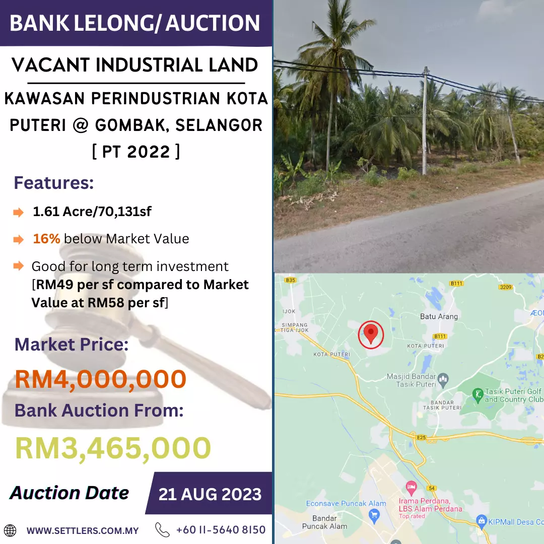 Bank Lelong Vacant Industrial Land @ Kawasan Perindustrian Kota Puteri Gombak, Selangor PT 2022 for Auction