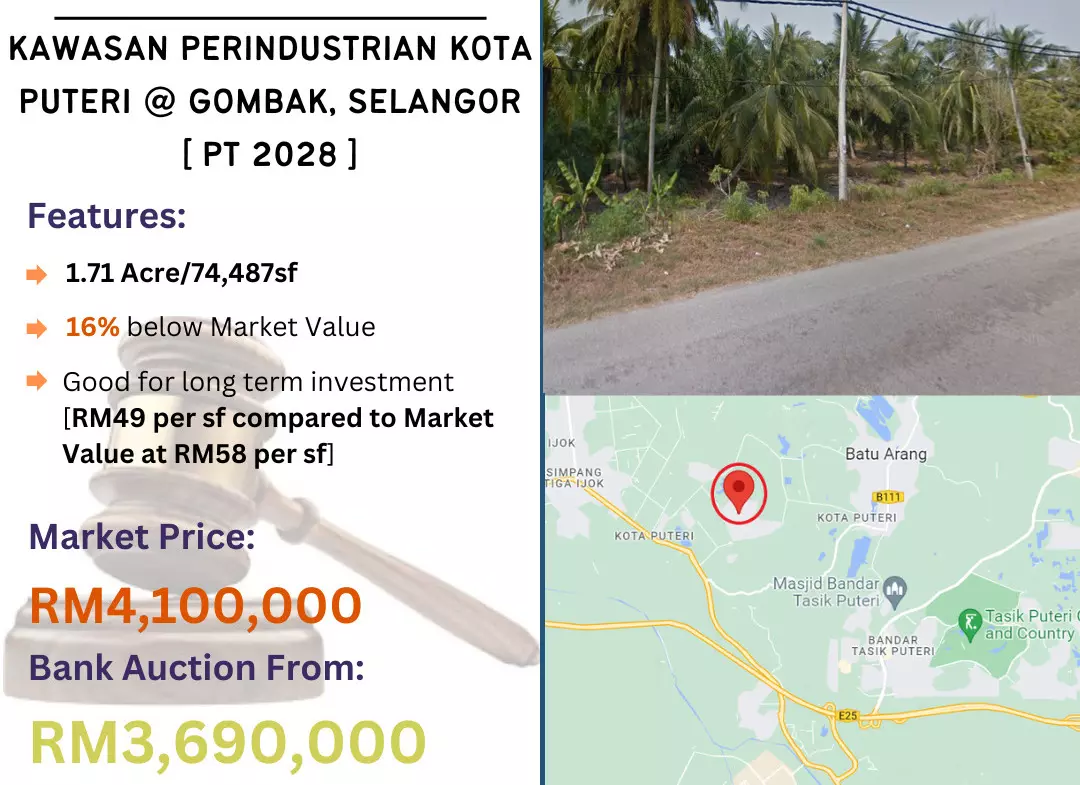 Bank Lelong Vacant Industrial Land @ Kawasan Perindustrian Kota Puteri Gombak, Selangor PT 2028 for Auction