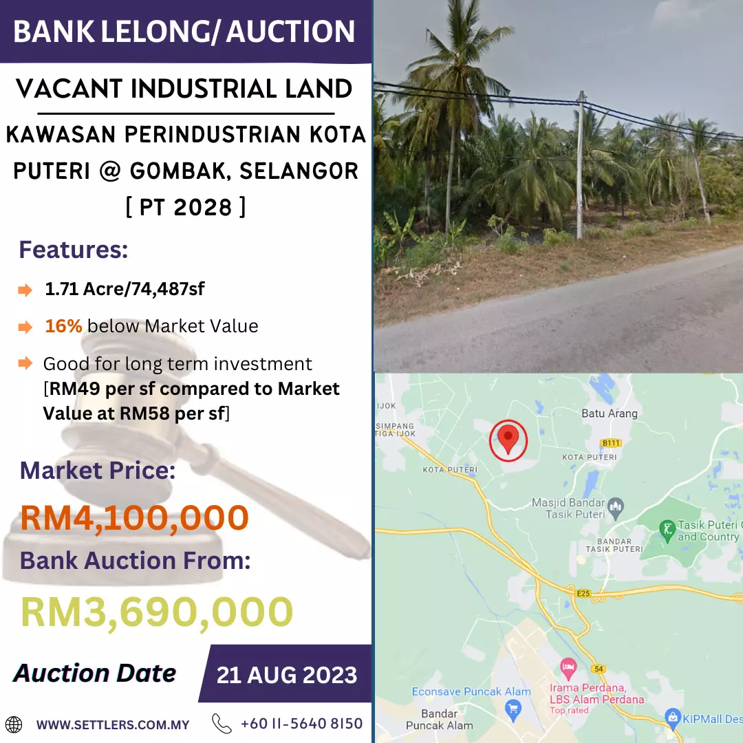 Bank Lelong Vacant Industrial Land @ Kawasan Perindustrian Kota Puteri Gombak, Selangor PT 2028 for Auction