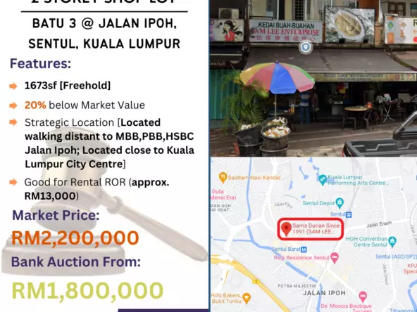 Bank Lelong 2 Storey Shop Lot @ Batu 3, Jalan Ipoh, Sentul, Kuala Lumpur for Auction