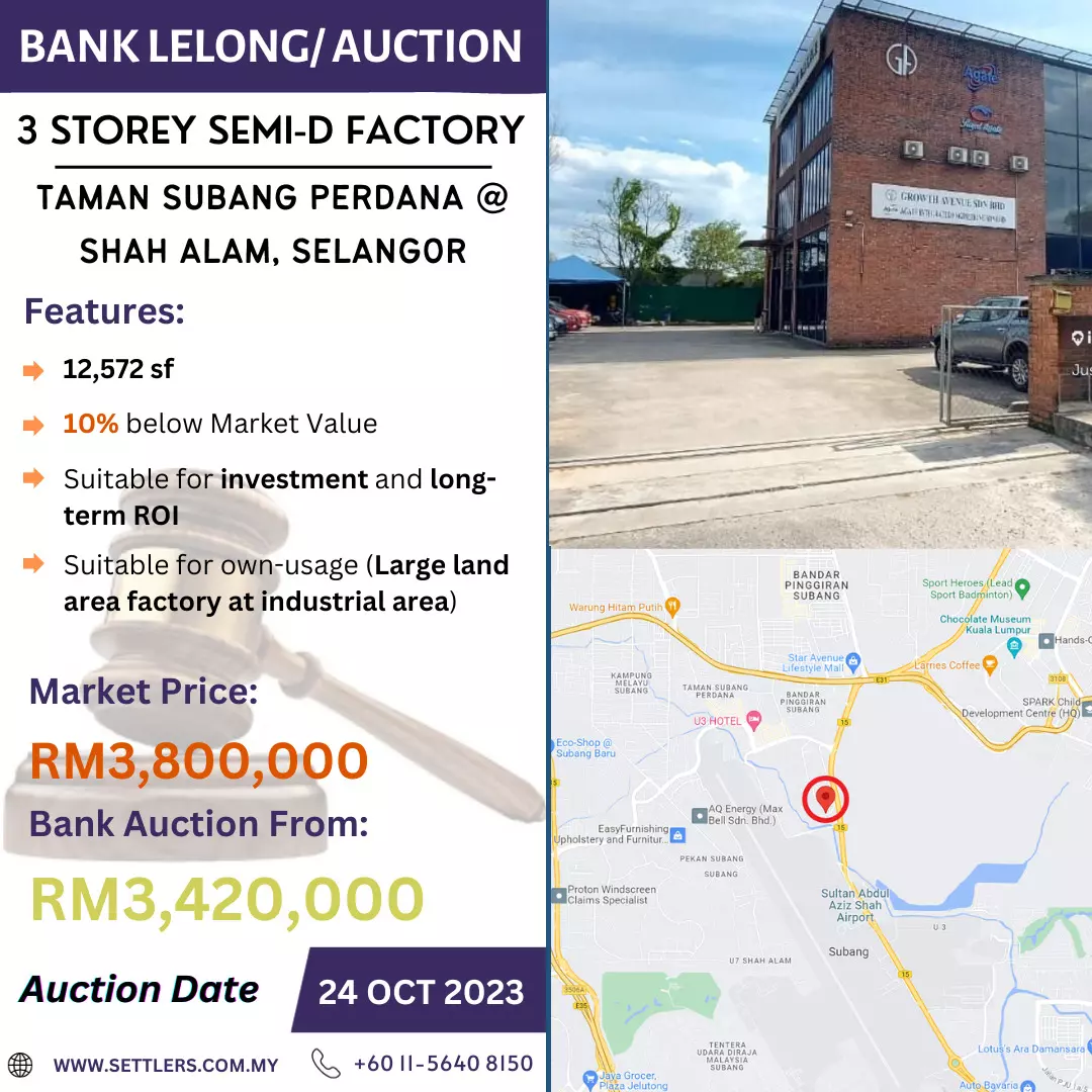 Bank Lelong 3 Storey Semi-D Factory @ Taman Subang Perdana, Shah Alam, Selangor for Auction
