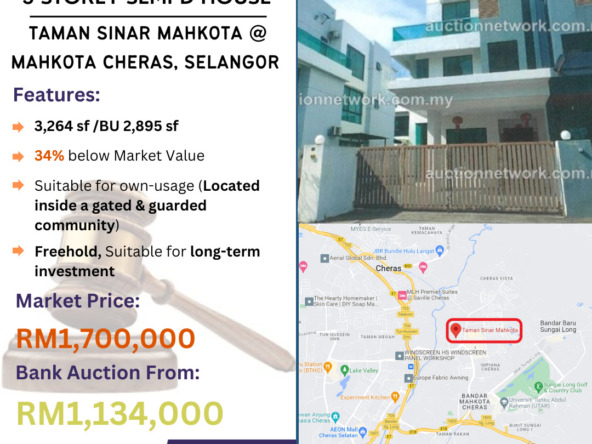 Bank Lelong 3 Storey Semi-D House @ Taman Sinar Mahkota, Mahkota Cheras, Cheras, Selangor for Auction