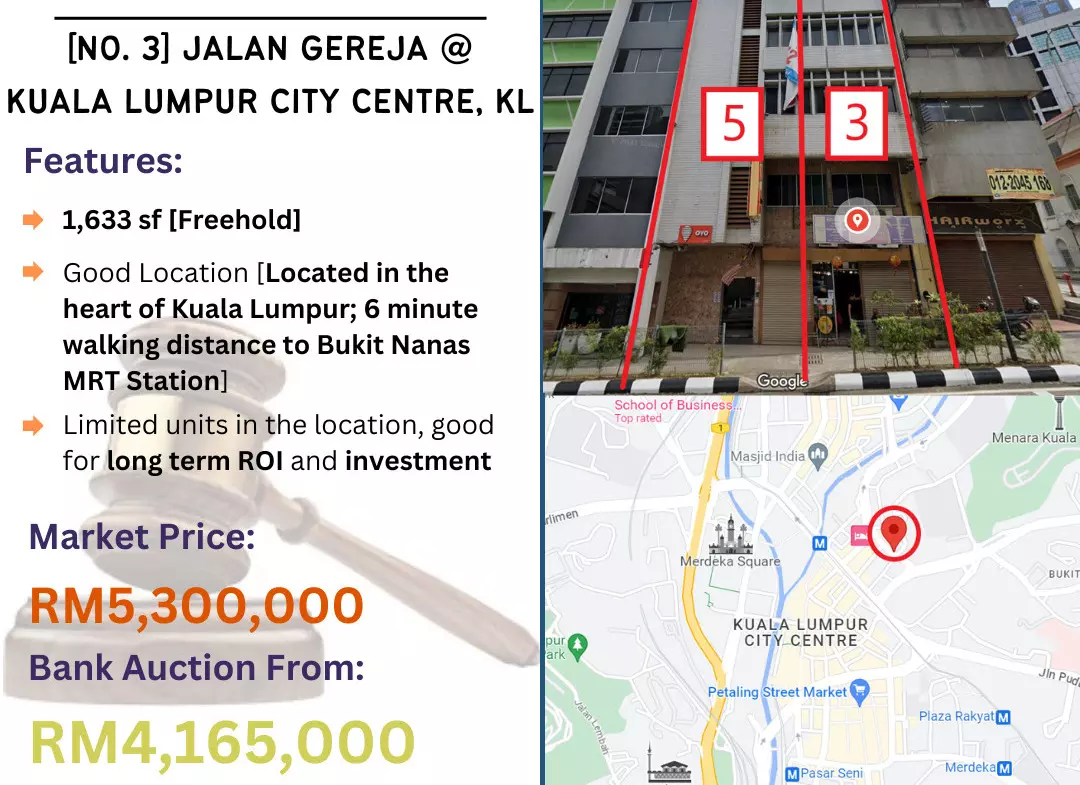 Bank Lelong 6 Storey Shop Office @ [No. 3] Jalan Gereja, Kuala Lumpur City Centre, Kuala Lumpur for Auction