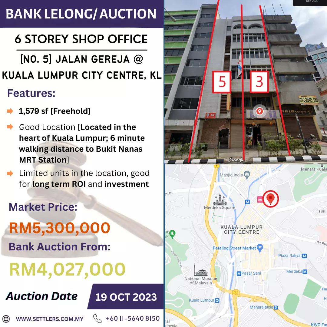 Bank Lelong 6 Storey Shop Office @ [No. 5] Jalan Gereja, Kuala Lumpur City Centre, Kuala Lumpur for Auction