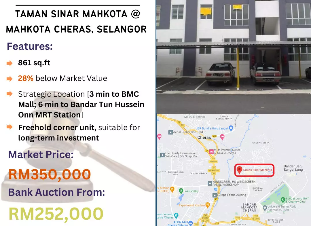 Bank Lelong Townhouse @ Taman Sinar Mahkota, Mahkota Cheras, Cheras, Selangor for Auction
