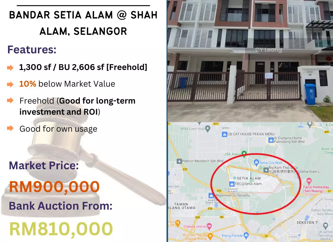 Bank Lelong 3 Storey Terrace House @ Bandar Setia Alam, Shah Alam, Selangor for Auction