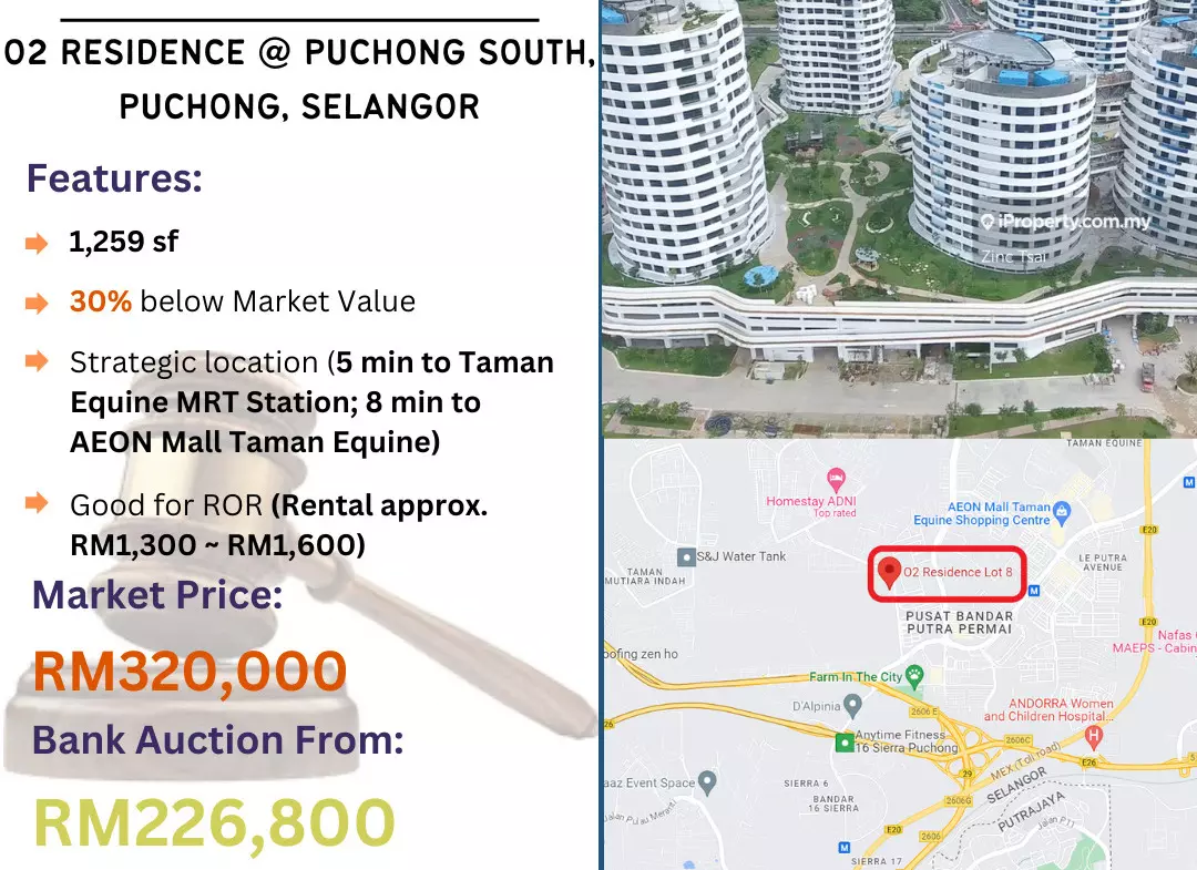 Bank Lelong Service Apartment @ O2 Residence, Puchong South, Puchong, Selangor for Auction